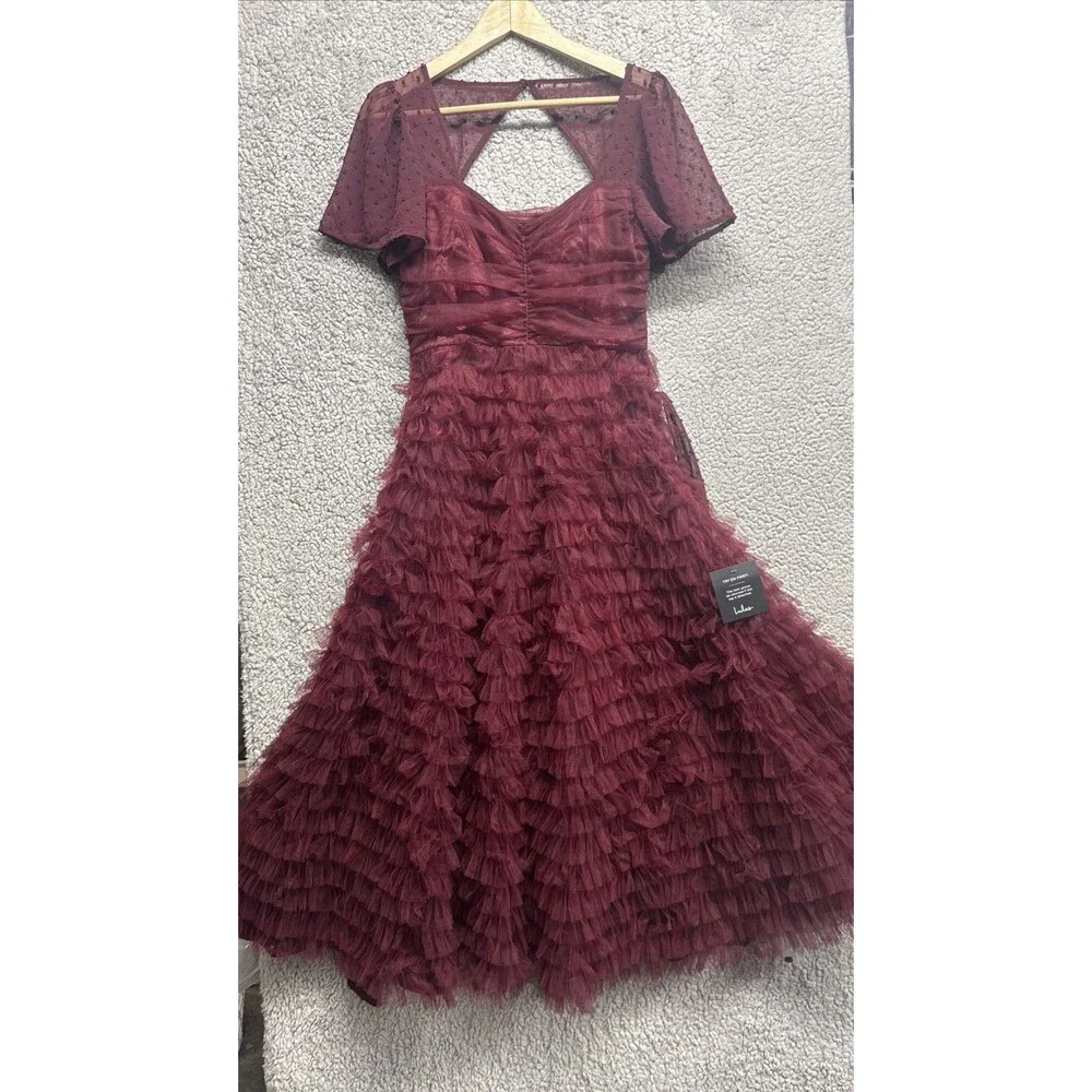 LULUS Elegant Red Wine Cocktail Dress Size S Dot Tullie Ruffles NWT - Picture 6 of 11